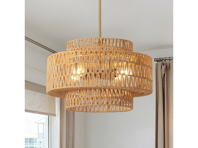 17.7' Boho Rattan Chandelier for Dining Room Light Fixture, 4-Light Hand Woven Wicker Pendant Light Fixture, Farmhouse Rustic Hanging Chandelier...