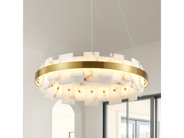 Modern Alabaster Linear Chandelier, 20 inch Round Adjustable Flushmount Ceiling Light Fixture for Living Room, Over Table, Bedroom, Hallway, Entryway