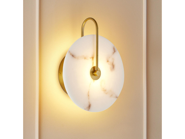 Round Alabaster Wall Sconce, Natural Marble Lampshade Wall Sconce, Hardwired Circular Sconce Led Modern Wall Lamp for Bedroom, Stairs, Living Room,...