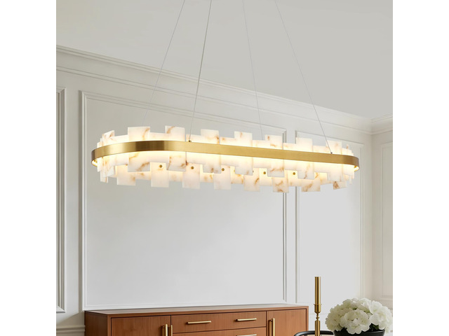 Alabaster Rectangle Chandelier, Natural Spanish Stone Texture Chandeliers, 46.8' Adjustable Alabaster Chandelier Over Table for Dining Room,...