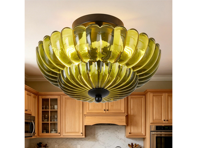 Semi Flush Mount Ceiling Light, Green Glass Ceiling Light Fixture, 3-Bulb Modern Black Close to Ceiling Light, Vintage Glass Ceiling Lights for...
