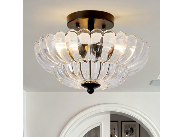 Semi Flush Mount Ceiling Light, Smoky Gray Glass Ceiling Light Fixture, 3-Bulb Modern Black Close to Ceiling Light, Vintage Glass Ceiling Lights...