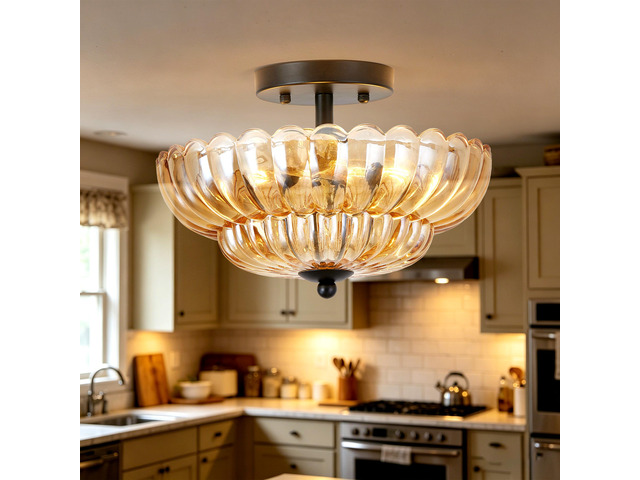 Semi Flush Mount Ceiling Light, Amber Glass Ceiling Light Fixture, 3-Bulb Modern Black Close to Ceiling Light, Vintage Glass Ceiling Lights for...