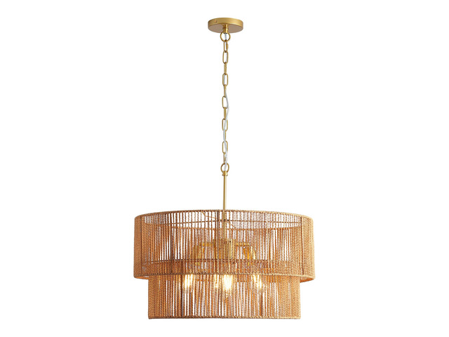 23.62' Handwoven Woven Paper Rattan Chandelier, 2-Tier Boho Wabi-Sabi Pendant Light, Gold Metal Hanging Ceiling Lamp, Wicker Lighting Fixture for...