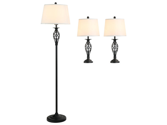 Homcom 3 Piece Table Floor Lamp Set with Metal Pole, Round Base, and Fabric Lampshade, for Living Room, Black/White