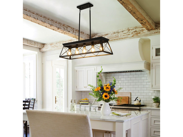 32-inch Black industrial 5-Light Pendant Chandelier, Modern Metal Cage Design, Adjustable Hanging Light for Dining Room, Kitchen, Living Room (Bulb...
