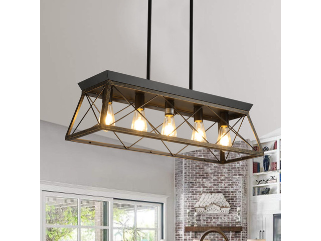 32' Black Gold industrial 5-Light Pendant Chandelier, Modern Metal Cage Design, Adjustable Hanging Light for Dining Room, Kitchen, Living Room (No...