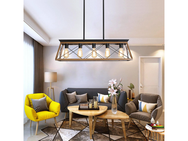 32' Walnut industrial 5-Light Pendant Chandelier, Modern Metal Cage Design, Adjustable Hanging Light for Dining Room, Kitchen, Living Room (No Bulbs)