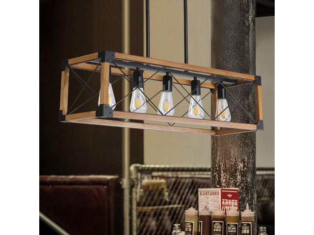 32' Walnut industrial Farmhouse Rectangle Pendant Light, 5-Light Chandelier for Dining Room, Kitchen Island, Cafe Decor (No Bulbs)