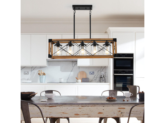 32' Walnut industrial Farmhouse Rectangle Pendant Light, 5-Light Chandelier with Lampshades for Dining Room, Kitchen Island, Cafe Decor (No Bulbs)