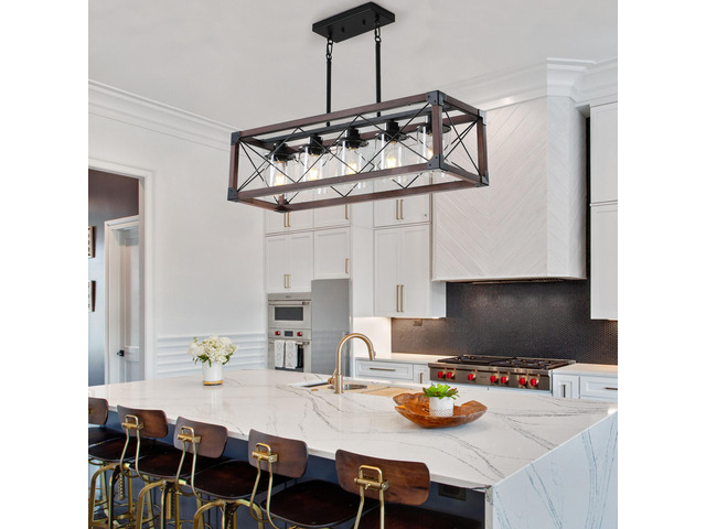 32' Red Wood industrial Farmhouse Rectangle Pendant Light, 5-Light Chandelier with Lampshade for Dining Room, Kitchen Island, Cafe Decor (No Bulbs)