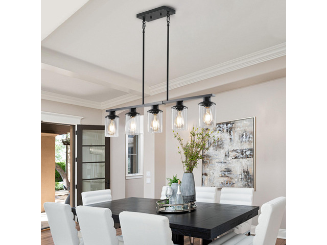 37' Modern industrial 5-Light Chandelier with Clear Glass Shades, Matte Black Metal Frame Hanging Ceiling Light Fixture for Dining Room, Kitchen...