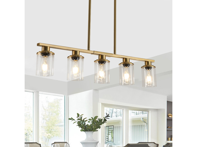 37' Modern industrial 5-Light Chandelier with Clear Glass Shades, Golden Metal Frame Hanging Ceiling Light Fixture for Dining Room, Kitchen Island,...