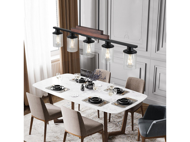 37' Farmhouse industrial 5-Light Kitchen Island Pendant Light, Metal Wood Chandelier with Clear Glass Shades, Adjustable Height Hanging Fixture for...
