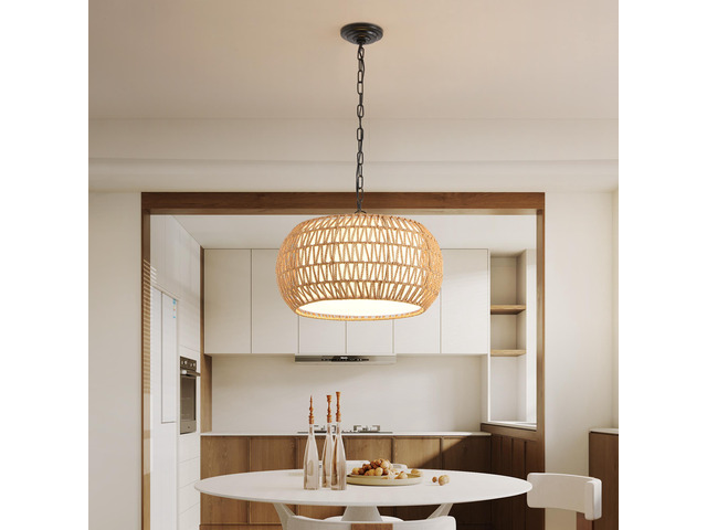 18' Farmhouse Pendant Light with Adjustable Height, Boho Woven Jute Rope Hanging Ceiling Light Fixture, E26 Base, 60W Max, Compatible with Flat,...