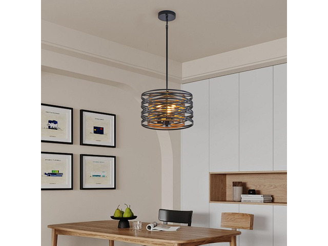 13' Rustic industrial Pendant Light, 3-Light Black and Walnut Metal Cage Chandelier with Wood Accents for Kitchen Island and Dining Room (No Bulbs)