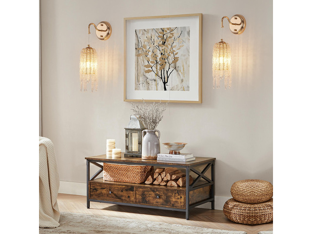 Set Of 2 Gold Frame and Cascading Crystal Bead String Wall Sconces, E12 Bulb Socket, Elegant Hanging Light Fixture for Living Room, Bedroom,...