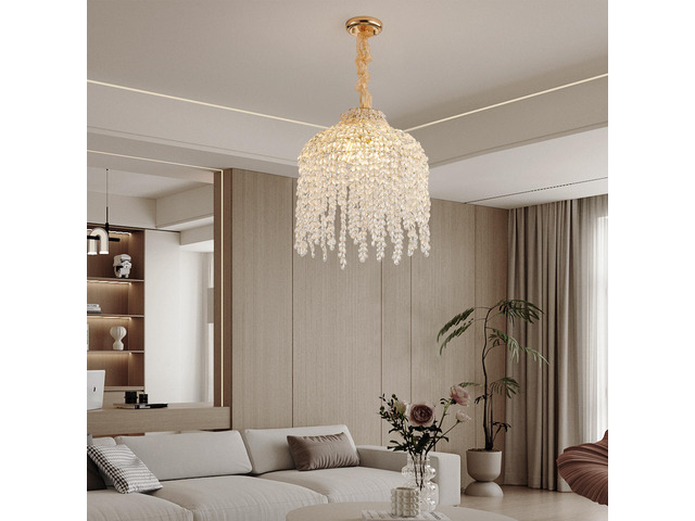 16 inch 5-Light Crystal Pendant Light Chandelier Elegant Waterfall Design with Grape-Shaped Crystal Bead Strings and Gold Finish for Living Room,...