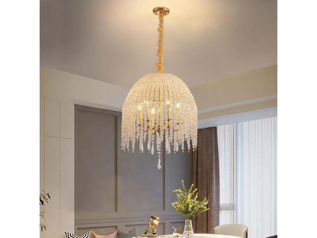 20 inch 6-Light K9 Crystal Pendant Light Chandelier Elegant Waterfall Design with Cascading Crystal Bead Strings and Gold Finish for Living Room,...