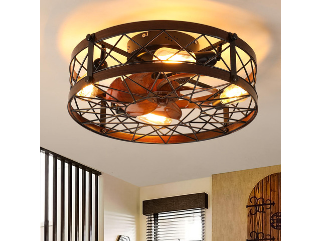 Caged Ceiling Fans with Lights Black, 20 inch Flush Mount Ceiling Fan Light, Farmhouse Small Ceiling Fan with Light Fixture, Reversible Fan for...
