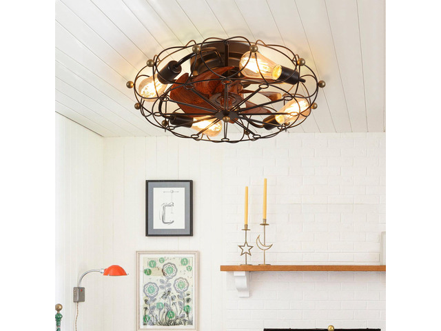 Low Profile Caged Ceiling Fan with Lights Remote Control, Embedded Modern industrial Ceiling Fan