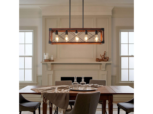 32' Red Wood industrial Farmhouse Rectangle Pendant Light, 5-Light Chandelier for Dining Room, Kitchen Island, Cafe Decor (No Bulbs)