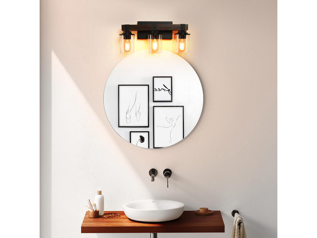 19' Rustic 3-Light Vanity Light, industrial Bathroom Wall Sconce with Glass Shades and Wood Accent, Modern Farmhouse Lighting Fixture (No Bulbs)