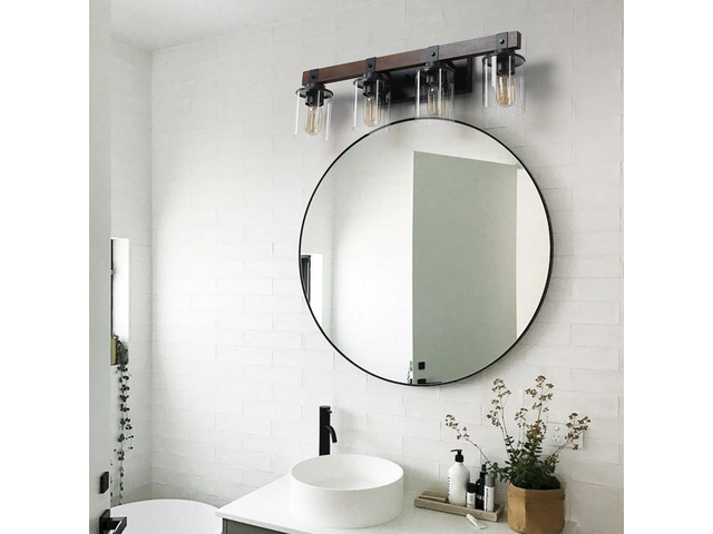27' Rustic 4-Light Vanity Light, industrial Bathroom Wall Sconce with Glass Shades and Wood Accent, Modern Farmhouse Lighting Fixture (No Bulbs)