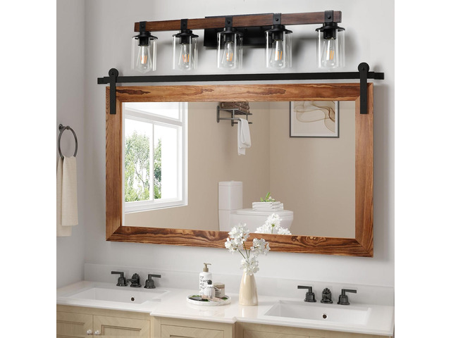 35' Rustic 5-Light Vanity Light, industrial Bathroom Wall Sconce with Glass Shades and Wood Accent, Modern Farmhouse Lighting Fixture (No Bulbs)