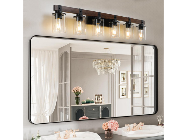 42' Rustic 6-Light Vanity Light, industrial Bathroom Wall Sconce with Glass Shades and Wood Accent, Modern Farmhouse Lighting Fixture (No Bulbs)
