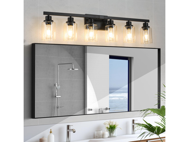 37' Modern 6-Light Bathroom Vanity Light Fixture - Black Finish with Clear Glass Shades, Perfect for Bathroom, Vanity, and Dressing Area Lighting...