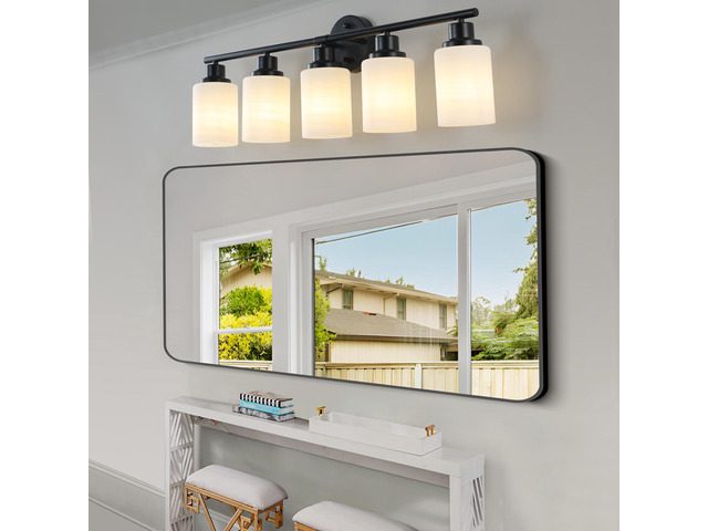 31' Modern 5-Light Vanity Bathroom Mirror Light, Frosted White Glass with Black Iron Frame, Contemporary Wall Sconce for Bedroom, Bathroom, and...