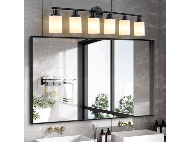 39' Modern 6-Light Vanity Bathroom Mirror Light, Frosted White Glass with Black Iron Frame, Contemporary Wall Sconce for Bedroom, Bathroom, and...
