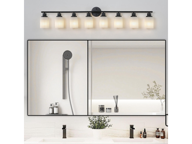 52' Modern 8-Light Vanity Bathroom Mirror Light, Frosted White Glass with Black Iron Frame, Contemporary Wall Sconce for Bedroom, Bathroom, and...