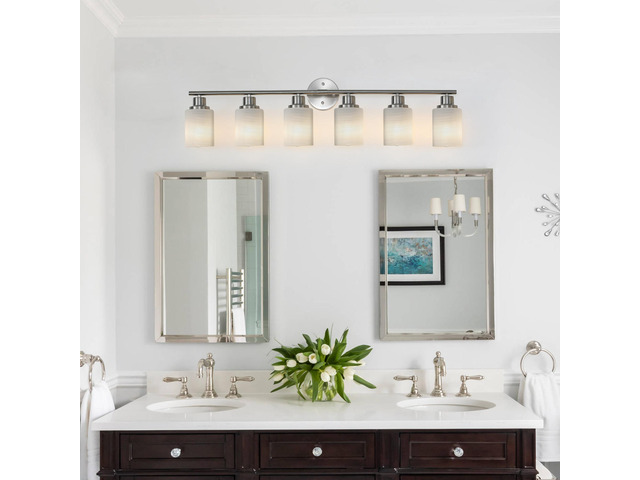 39' Modern 6-Light Vanity Wall Sconce, Brushed Nickel Finish with Frosted Glass Shades for Bathroom Or Hallway Lighting (No Bulbs)