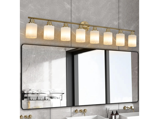 52' Modern 8-Light Vanity Wall Sconce, Golden Finish with Frosted Glass Shades for Bathroom Or Hallway Lighting (No Bulbs)