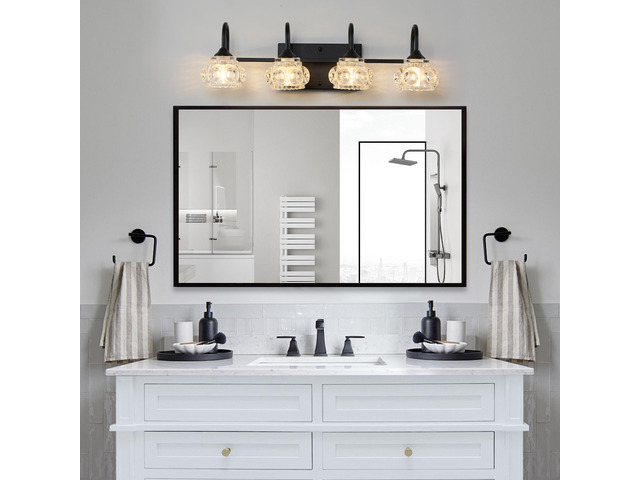 23' Retro 4-Light Bathroom Vanity Light Fixture - Black Finish with Crystal Glass Shades, Wall Mounted Lighting for Bathroom, Powder Room, and...