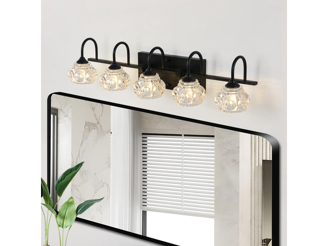 29' Retro 5-Light Bathroom Vanity Light Fixture - Black Finish with Crystal Glass Shades, Wall Mounted Lighting for Bathroom, Powder Room, and...