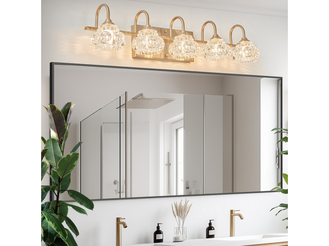 29' Modern Crystal Bathroom Vanity Light, 5-Light Golden Wall Sconce with Clear Glass Shade, Elegant Wall Mount Lighting for Bathroom, Powder Room,...