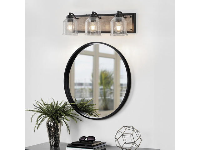 23' Farmhouse Vanity Light Fixture, 3-Light Bathroom Wall Sconce with Clear Seeded Glass Shades, Black and Wood Grain Finish, Modern industrial...