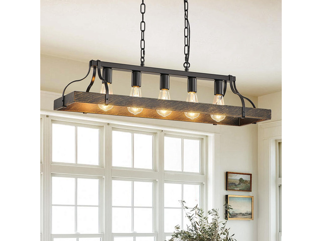 34-inch Black Gold Vintage Pendant Light, 5 E26 Bulb Sockets, Adjustable Chain Height Antique Style Chandelier for Dining Room, Kitchen, Or Living...