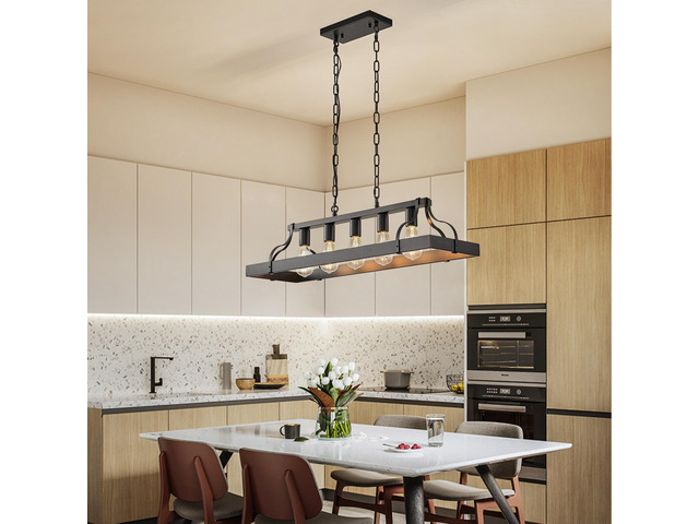 34-inch Black industrial Pendant Light with 5 E26 Bulb Sockets, Adjustable Chain Height Modern Farmhouse Linear Chandelier for Dining Room,...