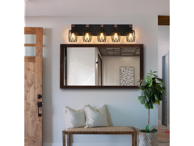 31' industrial Vintage 5-Light Wall Sconce - Black Cage Wall Lighting Fixture with Wooden Accents for Bathroom, Hallway, Or Living Room (Bulb Not...
