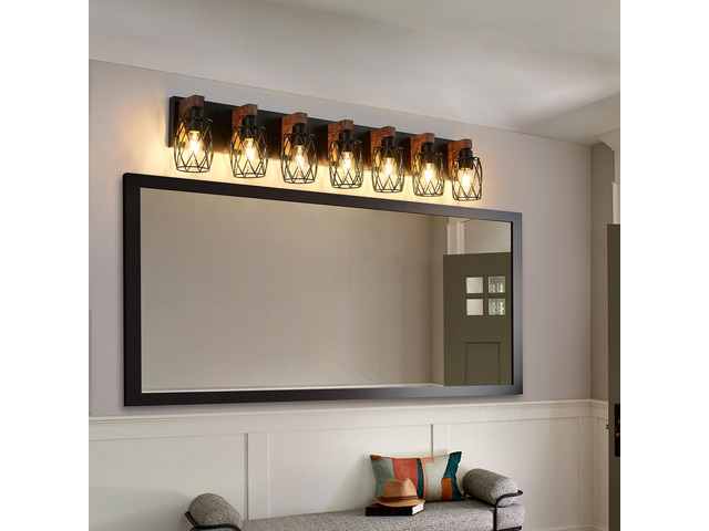 industrial Vintage 7-Light Wall Sconce - Black Cage Wall Lighting Fixture with Wooden Accents for Bathroom, Hallway, Or Living Room (Bulb Not...