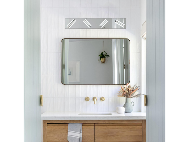 26' Modern Chrome 4-Light Led Vanity Light, Square Acrylic Lampshades Wall Mount Fixture for Bathroom, Mirror Lighting