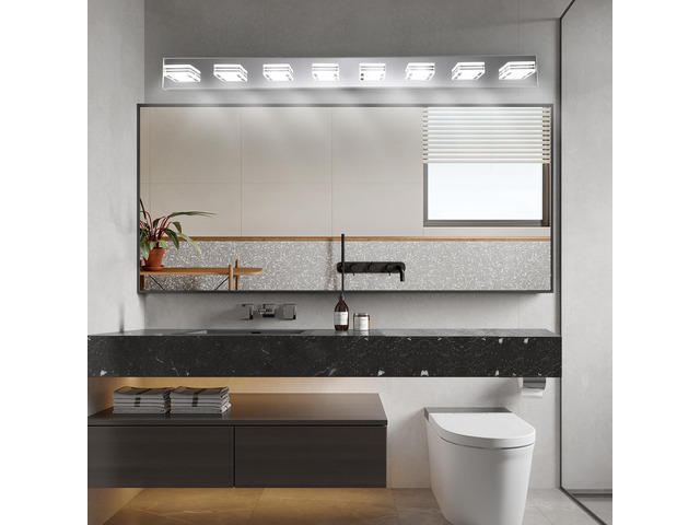 52' Modern Chrome 8-Light Led Vanity Light, Square Acrylic Lampshades Wall Mount Fixture for Bathroom, Mirror Lighting