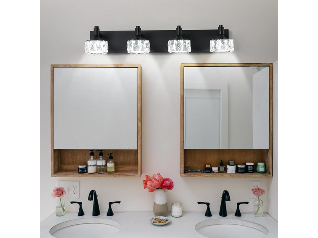Modern 4-Light Matte Black Led Vanity Light Fixture with Crystal Glass Shades, Bathroom Wall Sconce for Elegant and Contemporary Home Decor