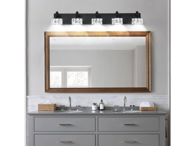 Modern 5-Light Matte Black Led Vanity Light Fixture with Crystal Glass Shades, Bathroom Wall Sconce for Elegant and Contemporary Home Decor