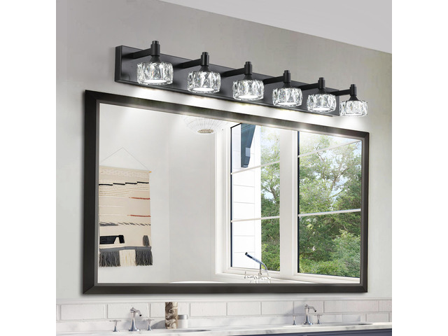 Modern 6-Light Matte Black Led Vanity Light Fixture with Crystal Glass Shades, Bathroom Wall Sconce for Elegant and Contemporary Home Decor