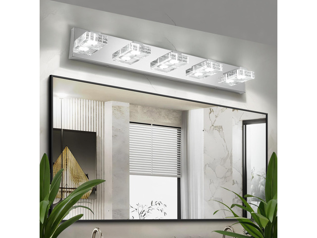 31' Modern Chrome 5-Light Led Vanity Light, Square Acrylic Lampshades Wall Mount Fixture for Bathroom, Mirror Lighting